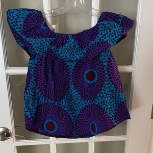 Off-the-Shoulder Top with Elastic Neckline in Purple & Turquoise Print
